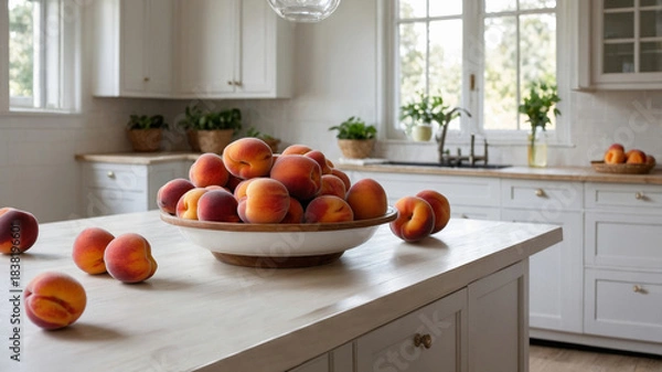 Obraz Peaches are scattered on the table in the bright kitchen