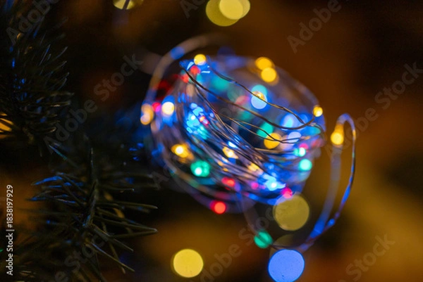 Fototapeta Colorful bokeh LED fairy lights on dark background