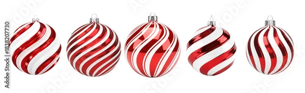 Fototapeta Red and White Striped Christmas Ornaments Set Isolated on White Background | Festive Holiday Decor