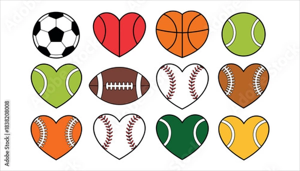 Obraz Collection of sports balls in heart shapes and a soccer ball on white background football basketball