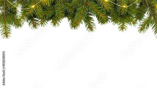 Fototapeta Christmas Pine Garland Border with Warm Lights on White Background on transparent background | christmas background with fir branches