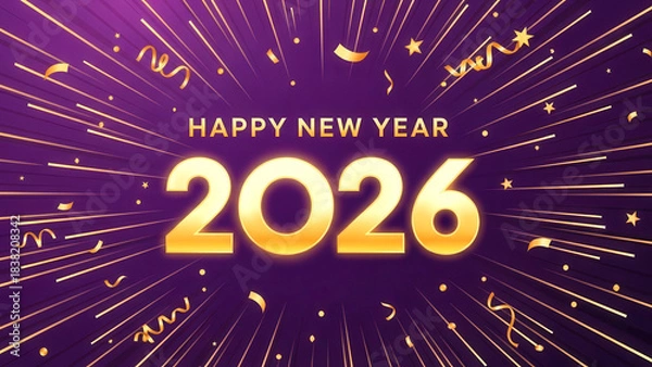 Fototapeta Happy New Year 2026 Golden Text with Firework Rays and Confetti on Purple Background | Celebration Design