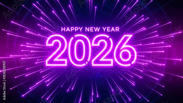 Fototapeta Happy New Year 2026 Neon Light Text with Futuristic Glow and Firework Rays | Celebration Background
