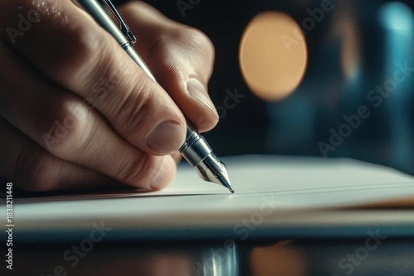 Fototapeta Close up of hand holding silver pen writing on white paper with blurred background and warm lighting creating focused and calm atmosphere