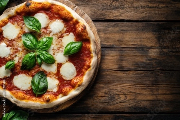 Fototapeta Margherita pizza with melted cheese and fresh basil leaves on wooden board, placed on rustic wooden table, showcasing classic Italian dish with vibrant colors and texture