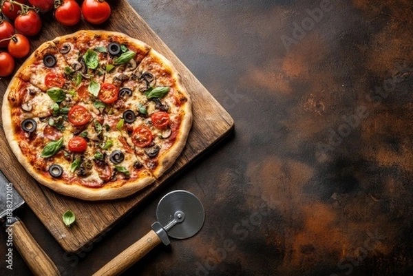 Fototapeta Pizza with tomato basil olive mushroom on wooden board with pizza cutter and fresh tomatoes on rustic surface
