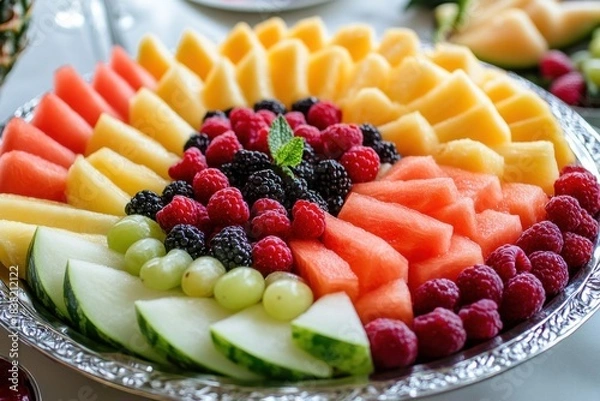 Fototapeta Fresh fruit platter with assortment of melon, berries, and grapes arranged beautifully on silver tray, offering colorful and appetizing display perfect for gatherings or healthy snacking