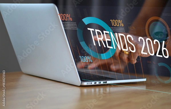Obraz Businessman Pointing at Trends 2026 — Future Business and Technology Trend Concept