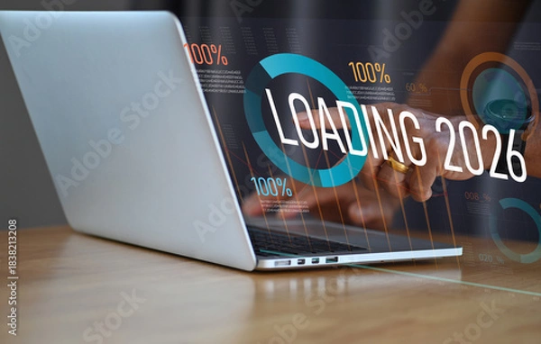 Obraz Businessman Pointing at Loading 2026 — Future Data and Information Update Concept