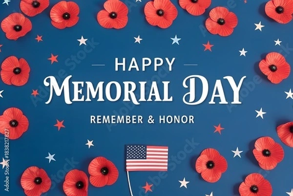 Obraz Happy memorial day, remember and honor, with poppies and american flag on blue