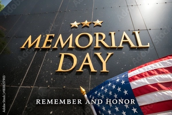 Obraz Memorial day remember and honor tribute with american flag on solemn stone wall