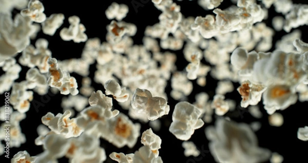 Obraz Dynamic macro shot of flying popcorn pieces against a black background. Crisp detail and motion captured in a dramatic, high-contrast composition. Perfect for advertising or creative design.