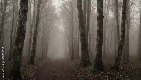 Fototapeta Misty Forest Path with Tall Trees and Ethereal Fog.