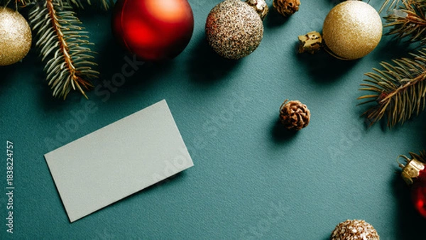 Fototapeta Festive Christmas background with golden noel decoration, red bauble, green fir branch, and blank card, perfect for holiday greeting