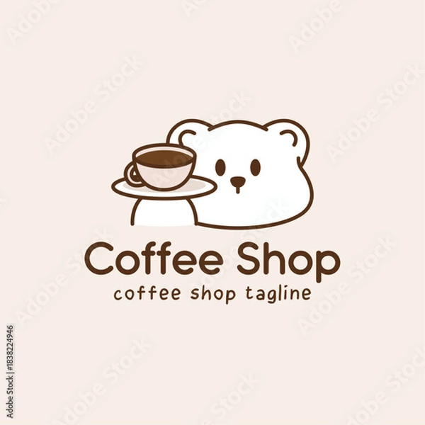Obraz Minimalist coffee shop logo featuring cute bear mascot with coffee cup. Friendly illustration with soft brown tones for cafe branding and design.
