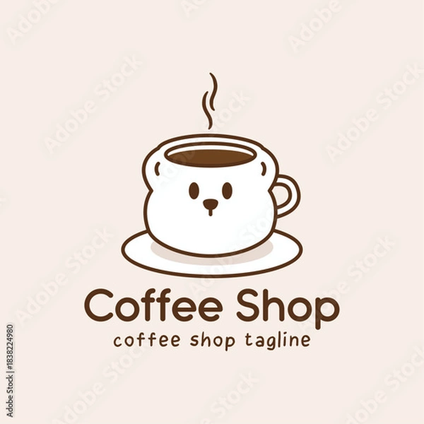 Obraz Charming coffee logo featuring bear-shaped mug with steaming hot coffee. Cute mascot design with minimalist style for cafe branding.