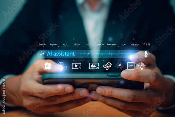 Obraz Person using smartphone with AI assistant interface, multilingual support, and smart technology icons, showcasing modern artificial intelligence tools, voice interaction, and mobile productivity.