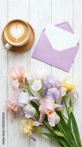 Fototapeta Flat lay with coffee latte art in heart foam, pastel irises, and lavender envelope with blank card on white wood. A warm, romantic scene for love notes, spring greetings, or thoughtful celebrations.