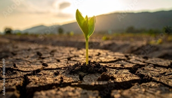 Obraz 乾ききったひび割れた大地の中心から、力強く伸びる一本の新芽。
茶色い土と鮮やかな緑のコントラストが、生命の強さを際立たせます。