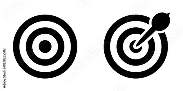 Fototapeta Black and White Circles Round Geometric Dart and Dartboard Arrow Aiming Target Bullseye Hit Accuracy or Accurate or Excellent Idea Opinion Misson Accomplished Symbol Sign Icon Set. Vector Image.