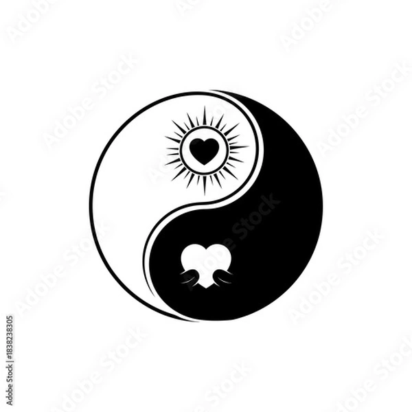 Fototapeta Yin Yang symbol vector illustration with sun heart and opposing heart shape isolated on white background