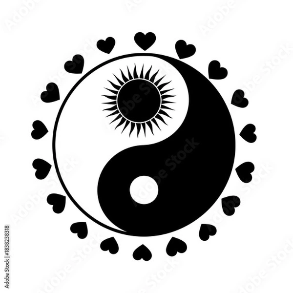 Fototapeta Yin Yang symbol vector with sun heart border representing balance and harmony isolated on white background