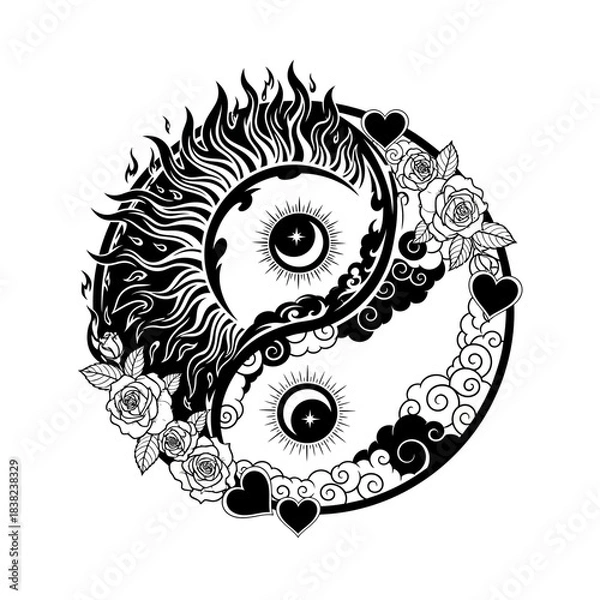 Fototapeta Yin Yang vector symbol with sun moon flames clouds roses and hearts representing spiritual balance isolated on white background