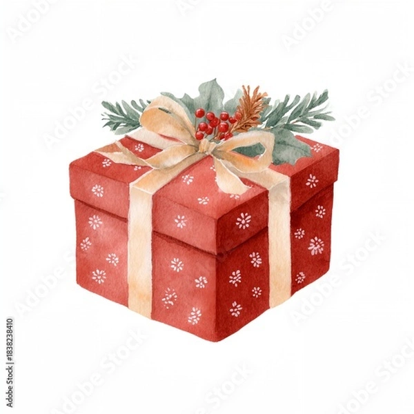 Fototapeta Red box with a gold ribbon and a bunch of berries on top