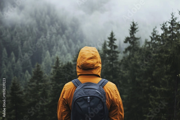 Obraz boy in the mountains with raincoat and backpack