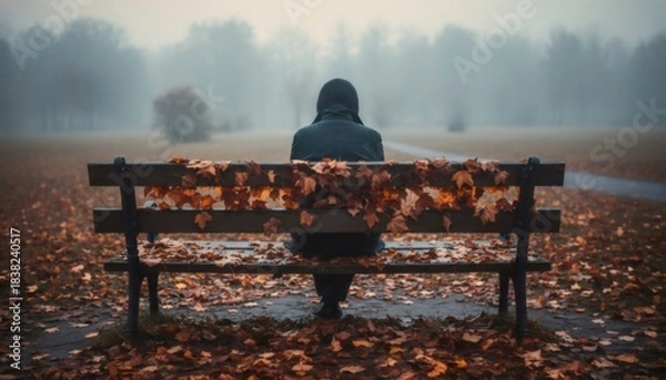 Fototapeta Lonely Figure on Autumn Park Bench Covered in Fallen Leaves