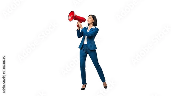 Obraz A woman confidently speaks into a bright red megaphone, conveying a powerful message 