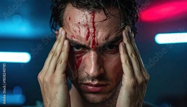 Fototapeta Close Up Portrait Of A Man With A Bloody Face And Sweating Holding His Head In Pain With Out Of Focus Red And Blue Lights In The Background