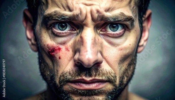 Fototapeta Close Up Portrait of a Man With Eyes Wide in Pain Showing a Visible Wound on His Cheek in Dramatic Lighting