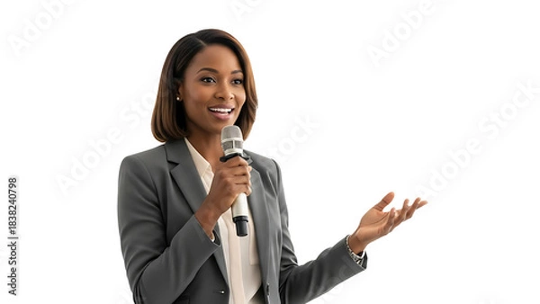 Obraz A professional woman giving a speech with a microphone, gesturing expressively