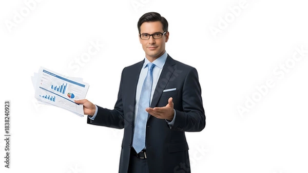 Obraz A businessman in a suit confidently presents financial data documents. He is wearing glasses and making a welcoming gesture. The image captures a professional and informative atmosphere.