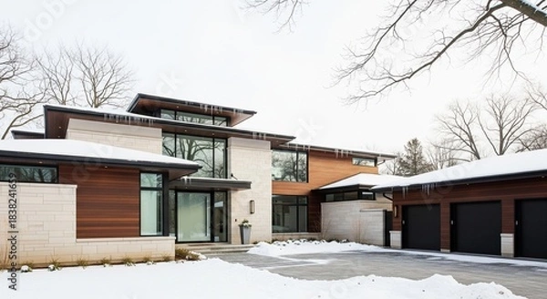 Obraz Modern Home Exterior in Winter with Snow and Icicles Around