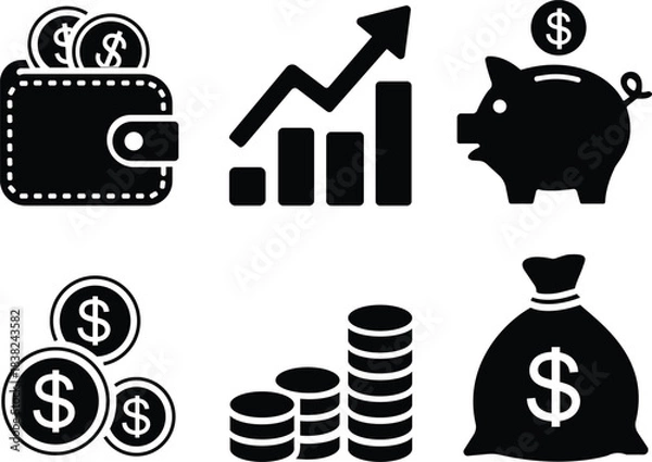 Obraz Black Finance and Money Icon Set with Wallet, Coins, Piggy Bank and Growth Chart