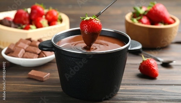 Obraz Chocolate Fondue with Strawberries Dessert on Wood Table.