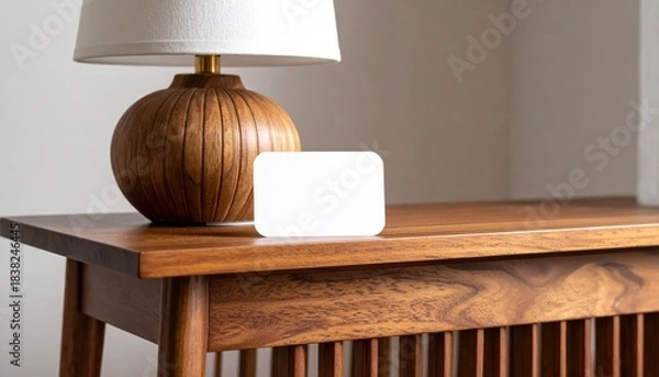 Obraz Wooden table with lamp and blank display mockup.