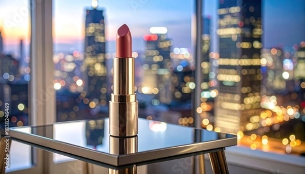 Obraz Luxury lipstick on table with city skyline bokeh.