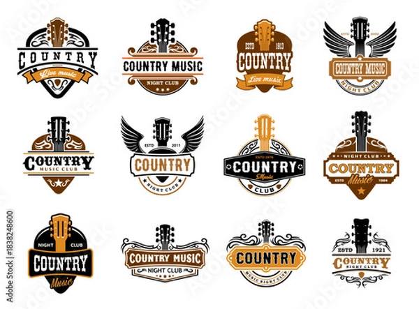 Obraz Country music icons of vector guitars with wings and picks, ribbon banners and stars. Western country music concert and festival isolated icons set. Night club, bar and old american saloon badges