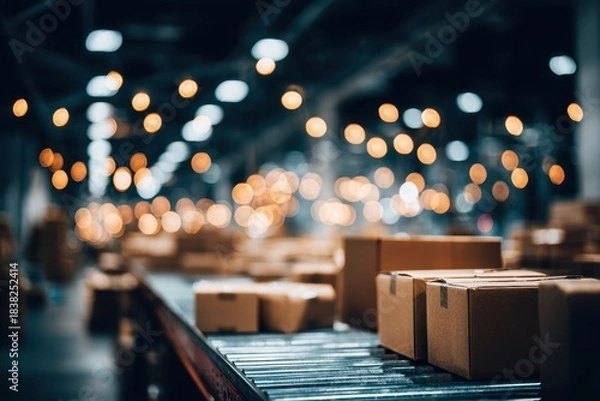 Obraz Brightly lit distribution warehouse with wooden tables, neatly stacked order boxes, and a sense of organized efficiency, conveying a bustling shipping atmosphere