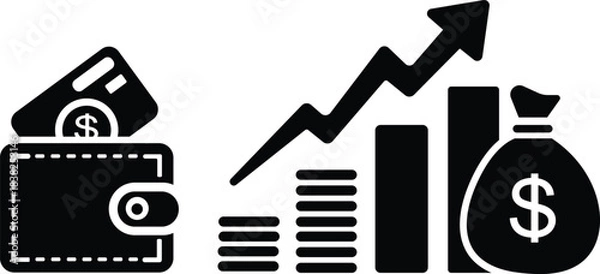 Obraz Finance and Money Growth Icons with Wallet, Coins, Bar Chart and Money Bag Silhouette