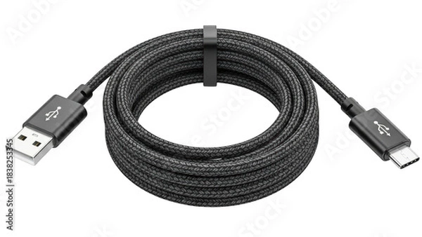 Fototapeta Braided usb c to usb a charging cable isolated on transparent background