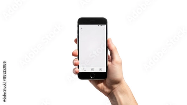 Fototapeta Hand holding a smartphone with a blank screen isolated on transparent background