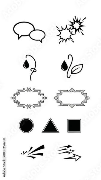 Fototapeta Set of black and white outline and solid icons featuring communication bubbles stylized organic shapes ornate decorative frames basic geometric figures and dynamic fast moving arrow symbols