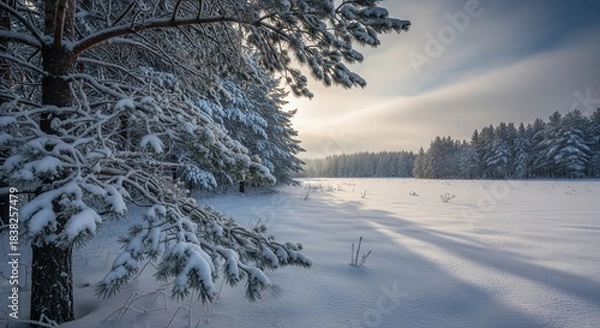 Obraz Snowy pine branches frame a winter forest landscape illuminated by soft sunlight