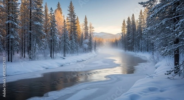 Obraz Serene winter wonderland: A river flows through snowy forests at sunset