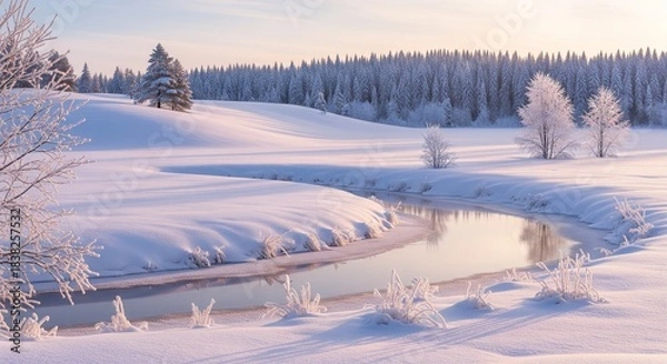 Obraz Tranquil Winter Scene: Snow-Covered Landscape with Flowing River and Bare Trees