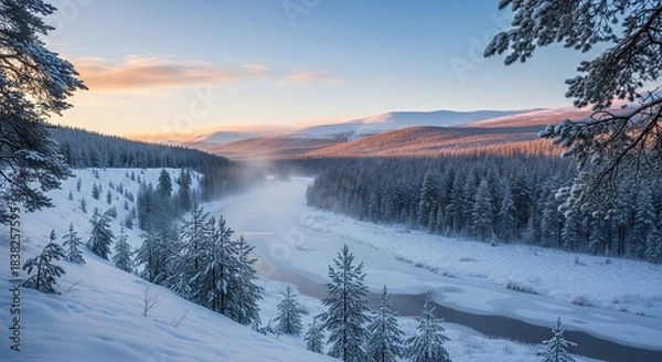 Obraz Serene Winter Landscape with Snow-Covered Trees and a Frozen River